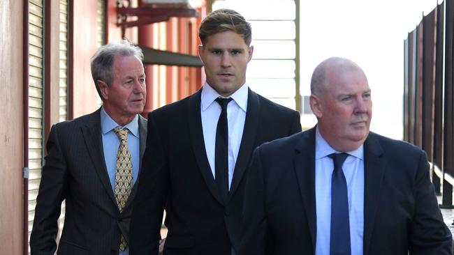 NRL player Jack de Belin arrives at Wollongong Court with his manager Steve Gillis (right) as jury deliberations commence. Picture: NCA NewsWire / Simon Bullard.