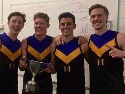 Ben Jepson with Matt Rowell, Nick Daicos and Noah Anderson after Carey Grammar's 2019 APS premiership.