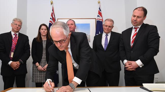 Malcolm Turnbull with gas company representatives, Scott Morrison and Josh Frydenberg