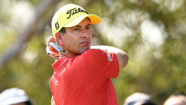 Adam Scott tees off on day two of the 2019 Australian PGA Championship at the RACV Royal Pines. Picture: AAP Image/Dan Peled