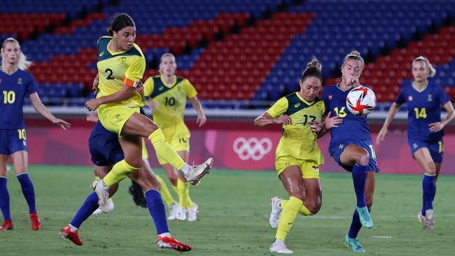 Sam Kerr scores a goal which is later disallowed during the Women's Semi-Final match between Australia and Sweden. (Photo by Koki Nagahama/Getty Images)