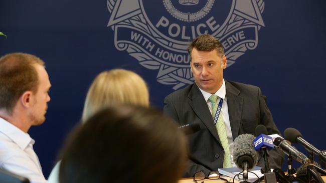 Acting Detective Inspector Greg Aubort from Child Protection Investigation Unit speaks to media about attempted rape on Surfers Paradise Beach. Picture: Adam Head