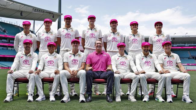The Australian Test team with Glenn McGrath to launch the Pink Test. Picture: Sam Ruttyn