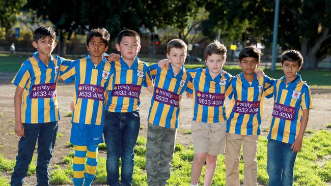 Granville Waratah players Naitik Jain, Srivardhan Sainath, Hanjie Lin, Nathan Jacono, Miles Murphy, Ramcharan Neerukonda and Ariv Dhage at Robin Thomas Reserve in Parramatta. Picture: Angelo Velardo