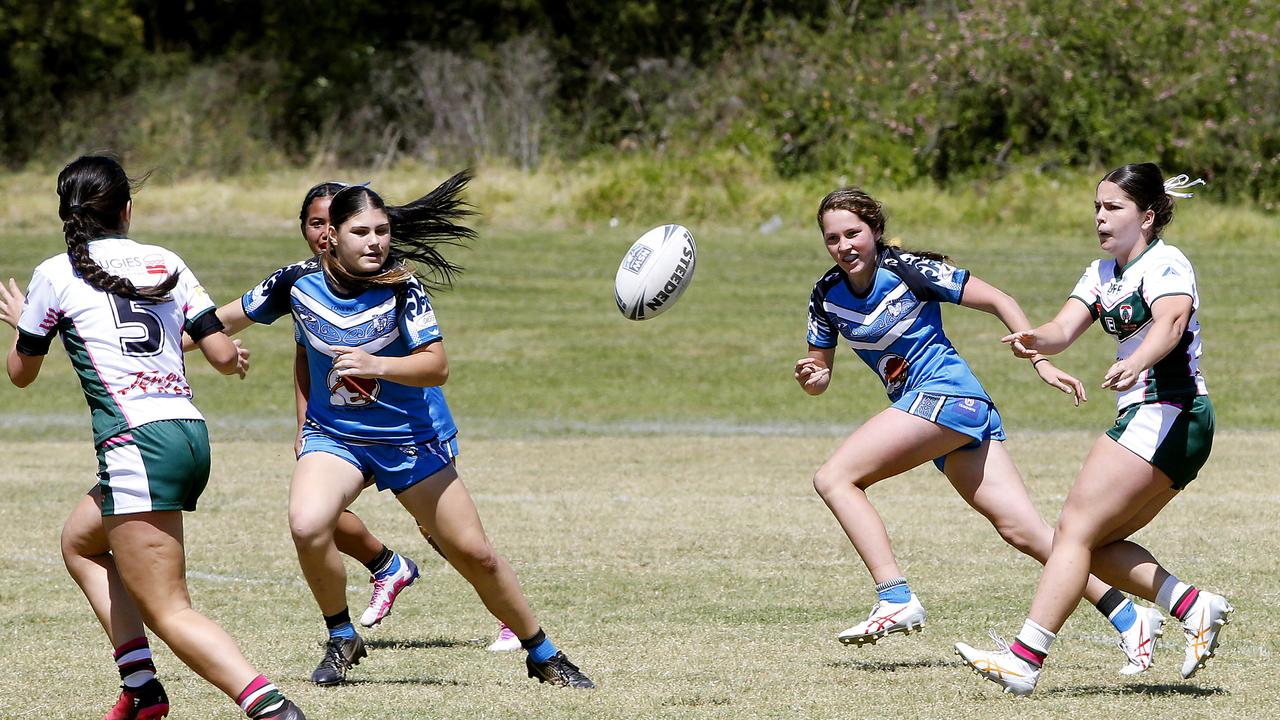 Action from U16 Girls Lebanon v Maori Pango. Harmony Nines Rugby League. Picture: John Appleyard