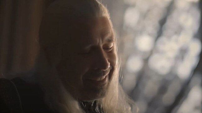 The sad little smile Viserys gives upon receiving Alicent’s gift. Picture: Foxtel/Binge/HBO