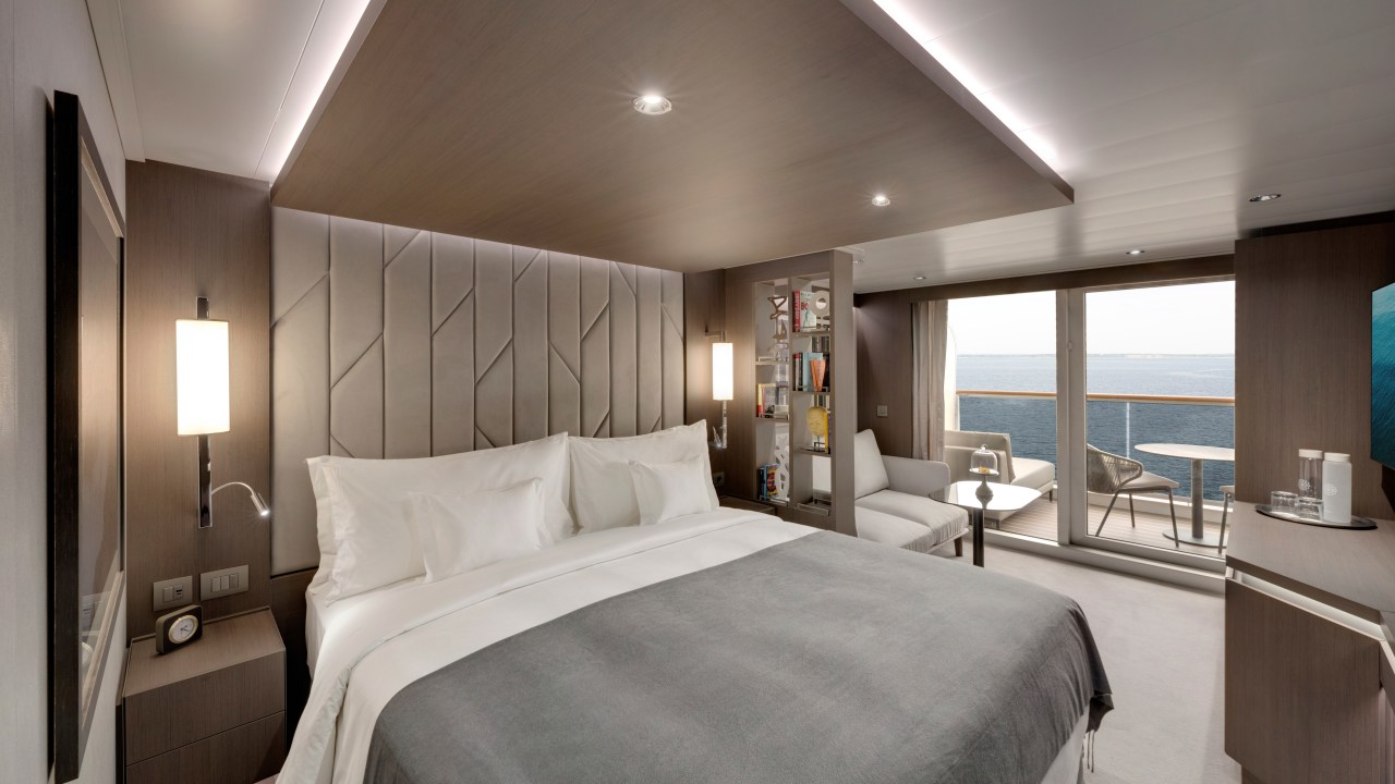 <h2>Cabins</h2><p><span>You&rsquo;ll find a bottle of French champagne in every room, as well as books, binoculars and a bathroom big enough to stretch out in. Of the 461 suites, all have a balcony. My Ocean Suite - the smallest of the cabins on board - was still a sizeable 35 sqm (the industry average is closer to 15 sqm). And they only get bigger and better from there. Think penthouses with full-size dining tables, outdoor whirlpools and private butlers. </span></p>