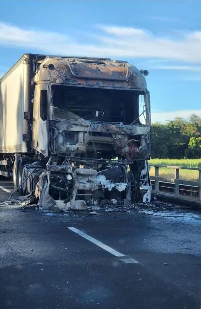 Charred remains of the truck which caught on fire near Burdekin Bridge, blocking the Bruce Highway on Thursday morning. Picture: Supplied.