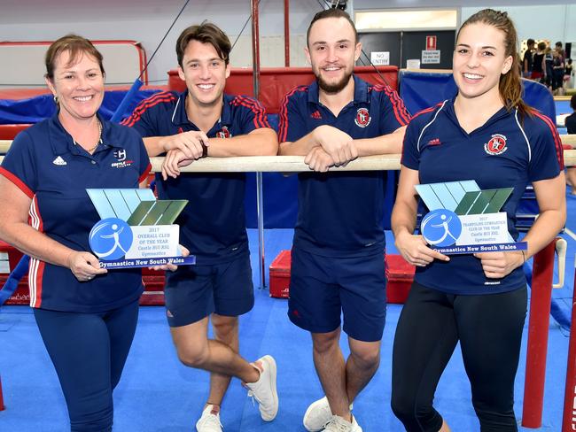 Castle Hill RSL Gymnastics manager Vanessa Whelan (L) with coaches Tyler Morpeth, Jaydon Whelan & Leanne Van Rensburg at Castle Hill on Thursday 1st March 2018. Castle Hill RSL are NSW gymnastic champs and also picked up individual awards. (AAP IMAGE / Troy Snook)