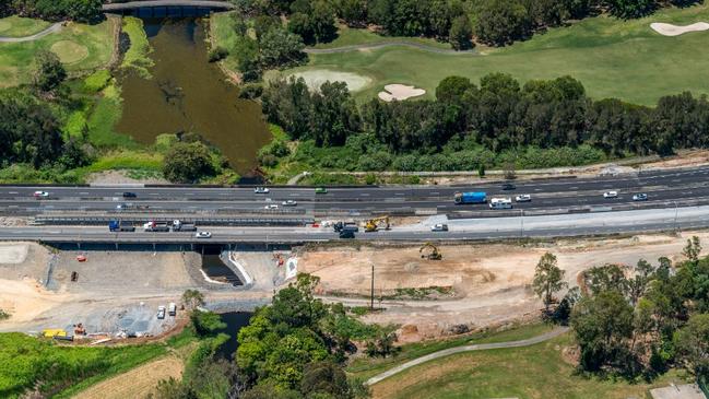 Aerial of MI bridge works at Mudgeeraba on the Gold Coast