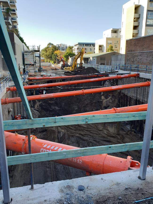 Props used at the neighbouring construction site during the construction period have raised the ire of residents at Mascot Towers. Picture supplied to news.com.au by a resident.