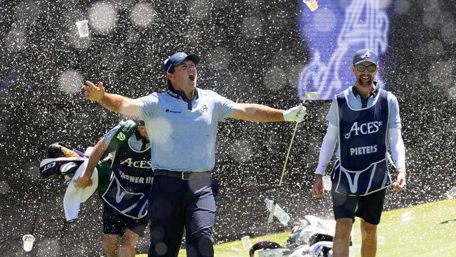 Patrick Reed of 4Aces GC reacts to his hole-in-one on the 12th (Photo by Jon Ferrey/LIV Golf)