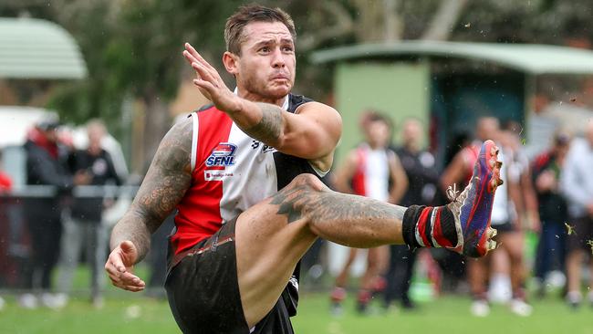 St Kilda v Port Melbourne Colts at Peanut Farm Reserve, St Kilda, Melbourne, April 15th 2023. St KildaÃs Aaron Edwards. Picture : George Sal