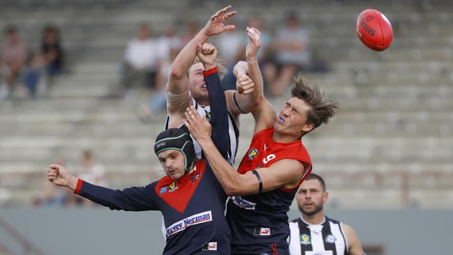 David Monks (back) may be one player that gets sent to Riewoldt in Saturday’s match. Picture: Nikki Davis-Jones