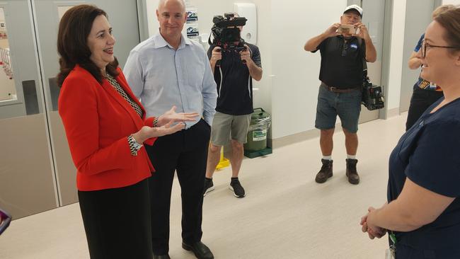 PREMIER Annastacia Palaszczuk and Gladstone MP Glenn Butcher meet local nurse Liz Bellas in the new Gladstone Hospital $42 million emergency department.