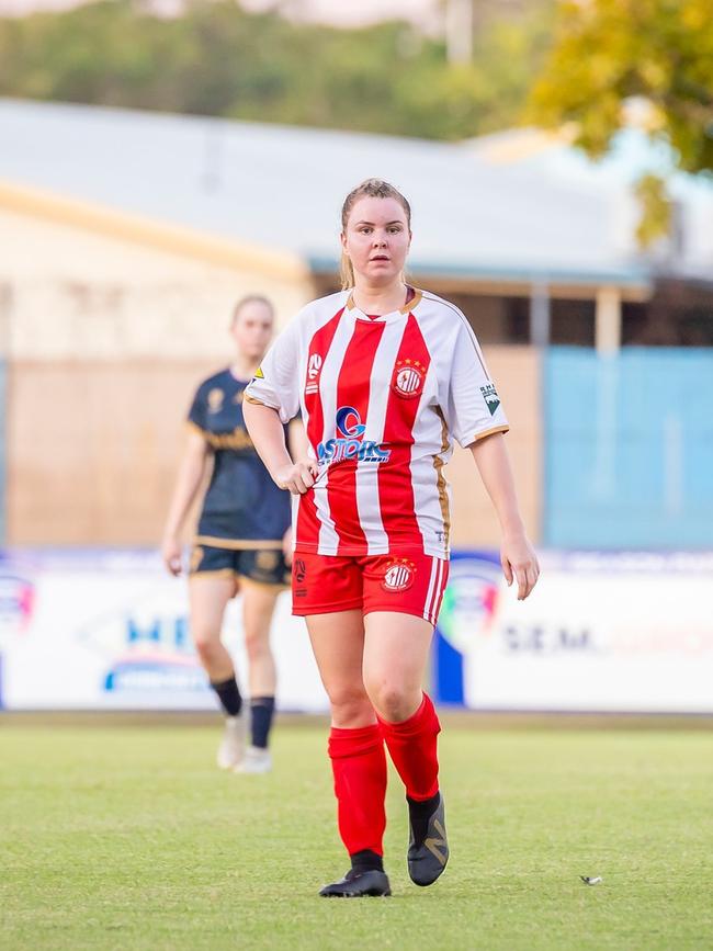 Darwin Olympics' Grace Doughty has been one of the most consistent players in the 2023 NT Football Women's Premier League. Picture: Daniel Abrantes