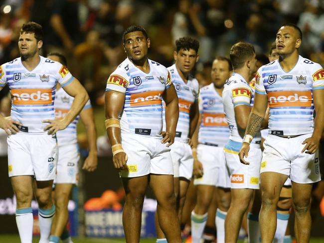 Titans players after the Round 7 NRL match between the Wests Tigers and the Gold Coast Titans at Scully Park in Tamworth, Saturday, April 27, 2019. (AAP Image/Darren Pateman) NO ARCHIVING, EDITORIAL USE ONLY