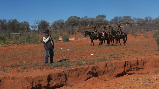 Mick Batchelor, flanked by Riverina Light Horsemen and women Mick Davies, Deb Chaney and Jeannie Batchelor. Picture: Laura Hooper.