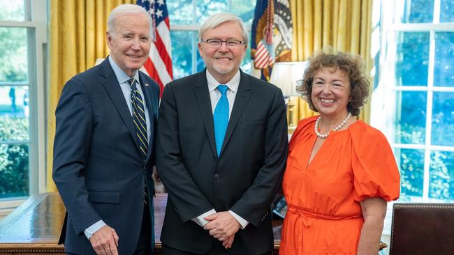 Ambassador of Australia to the United States, Kevin Rudd, and his wife, Therese, with US President Joe Biden. Picture: Twitter