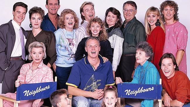 Neighbours has been on our screens for decades. The 1987 cast, including Jason Donovan and Kylie Minogue (centre).