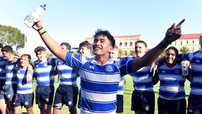 Nudgee captain Tony Fuimaono celebrates the win with the supporters GPS First XV match between home side Nudgee and Ipswich Grammar School. Picture, John Gass