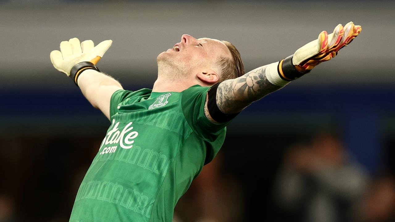 LIVERPOOL, ENGLAND – APRIL 24: Jordan Pickford of Everton celebrates after the team's victory in the Premier League match between Everton FC and Liverpool FC at Goodison Park on April 24, 2024 in Liverpool, England. (Photo by Naomi Baker/Getty Images)