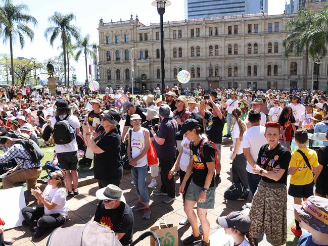 Voice supporters at Queens Gardens in Brisbane. Picture: Liam Kidston