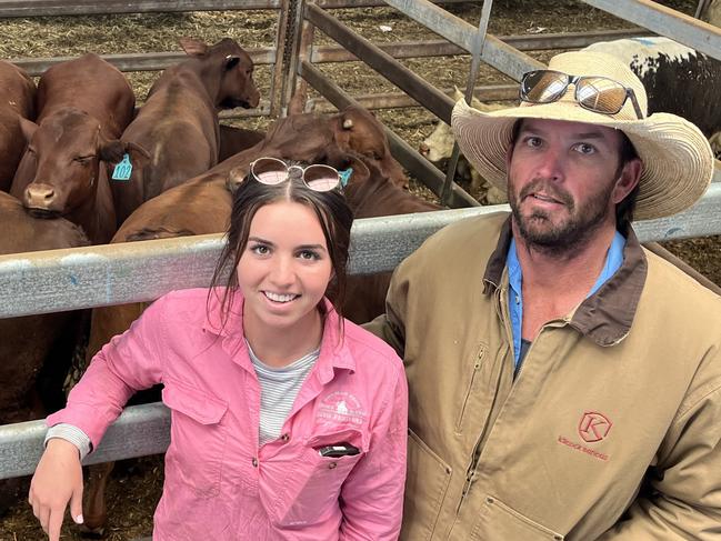 Chloe and Matthew Way from Deniliquin, NSW, sold many pens of cattle at the Wodonga store cattle sale including a pen of Santa Gertrudis steers, 349kg, 12 months, for $1160 or 332c/kg, going to Westside Meats.