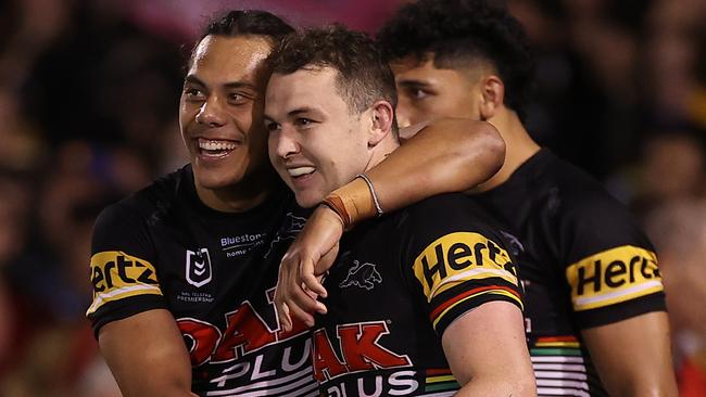 Dylan Edwards and Jarome Luai of the Panthers (Photo by Mark Kolbe/Getty Images)