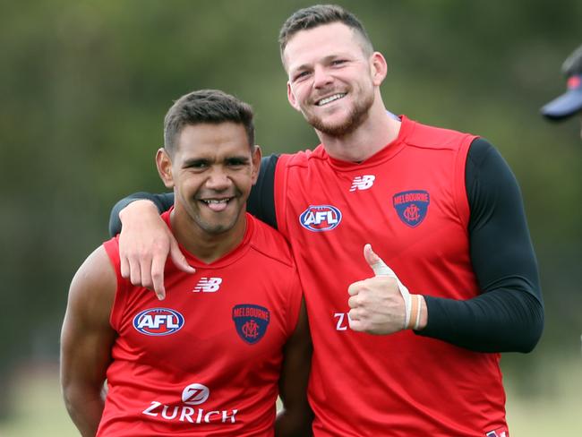 Neville Jetta and Steven May at Melbourne training session at Cranbourne. THURSDAY MARCH 3, 2021. Picture: David Crosling