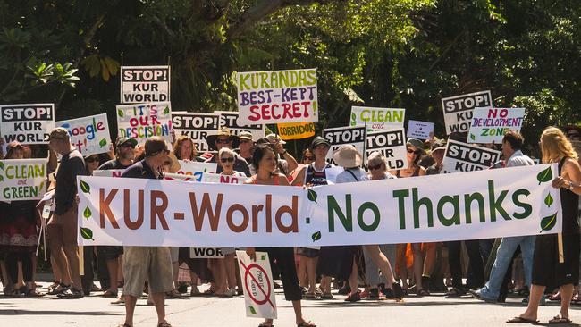 Protesters in Kuranda march against the proposed Kur-World development. Picture: PAUL CURTIS