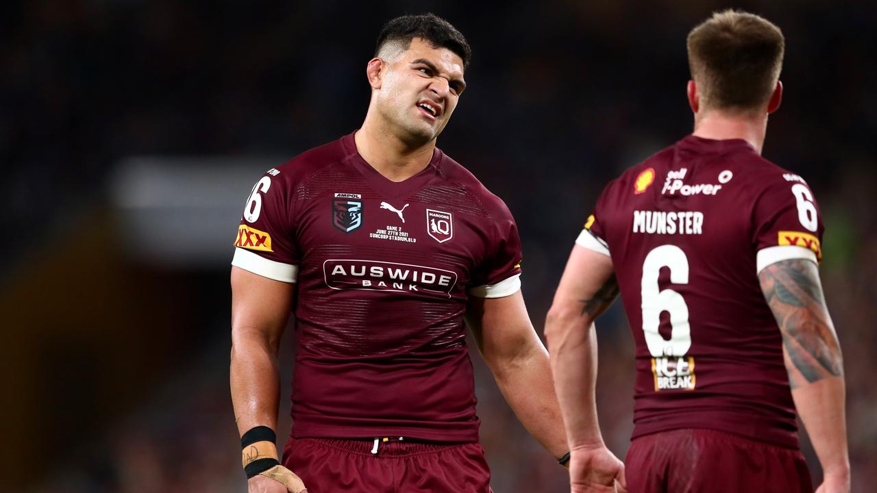 BRISBANE, AUSTRALIA - JUNE 27: David Fifita and Cameron Munster of the Maroons react during game two of the 2021 State of Origin series between the Queensland Maroons and the New South Wales Blues at Suncorp Stadium on June 27, 2021 in Brisbane, Australia. (Photo by Chris Hyde/Getty Images)