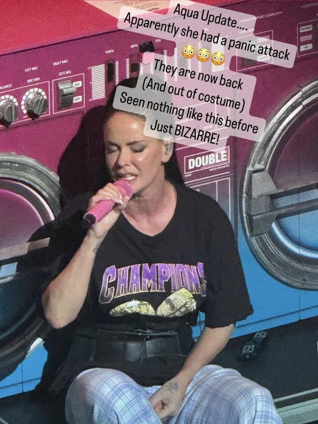 After an hour, lead singer Lene Nystrom returned in her pyjamas. Picture: Instagram/Adam1985