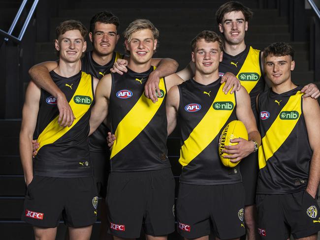 Richmond draftees (L-R) Luke Trainor, Harry Armstrong, Josh Smillie, Sam Lalor, Jonty Faull and Taj Hotton.