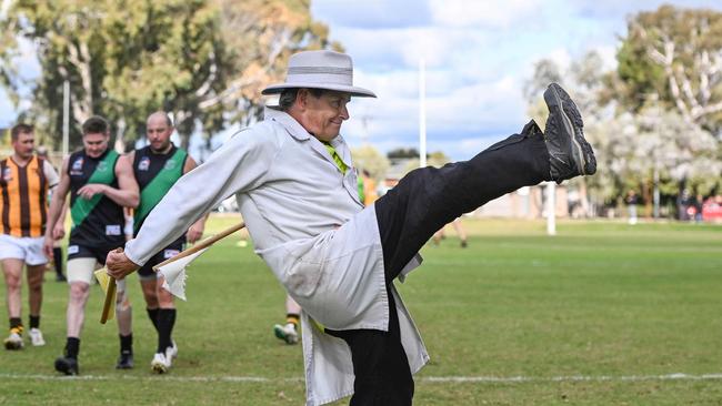 JUNE 22, 2024: Flamboyant goal umpire Dave Crispin at the Greenacres Dragons Football Club. Picture: Brenton Edwards