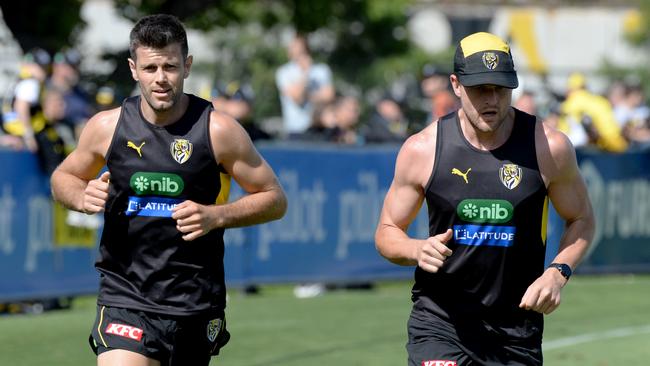 Trent Cotchin and Jacob Hopper at Richmond training at Punt Road Oval. Picture: Andrew Henshaw