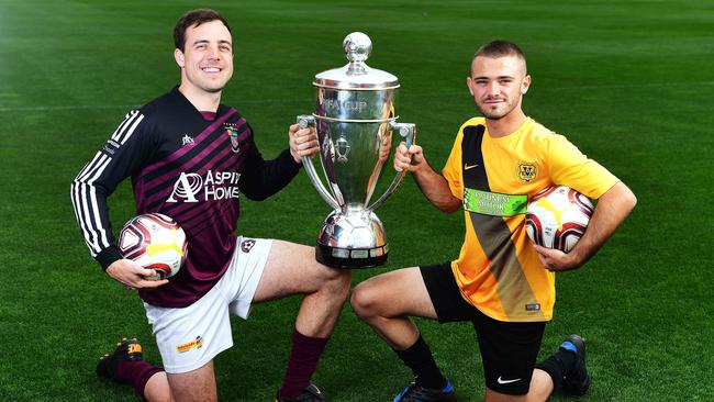 Elizabeth Downs striker Matt Watson, pictured with Elizabeth Vale captain Jimmy Greaves, will face top flight MetroStars in the FFA Cup SA quarter-finals. Picture: Mark Brake