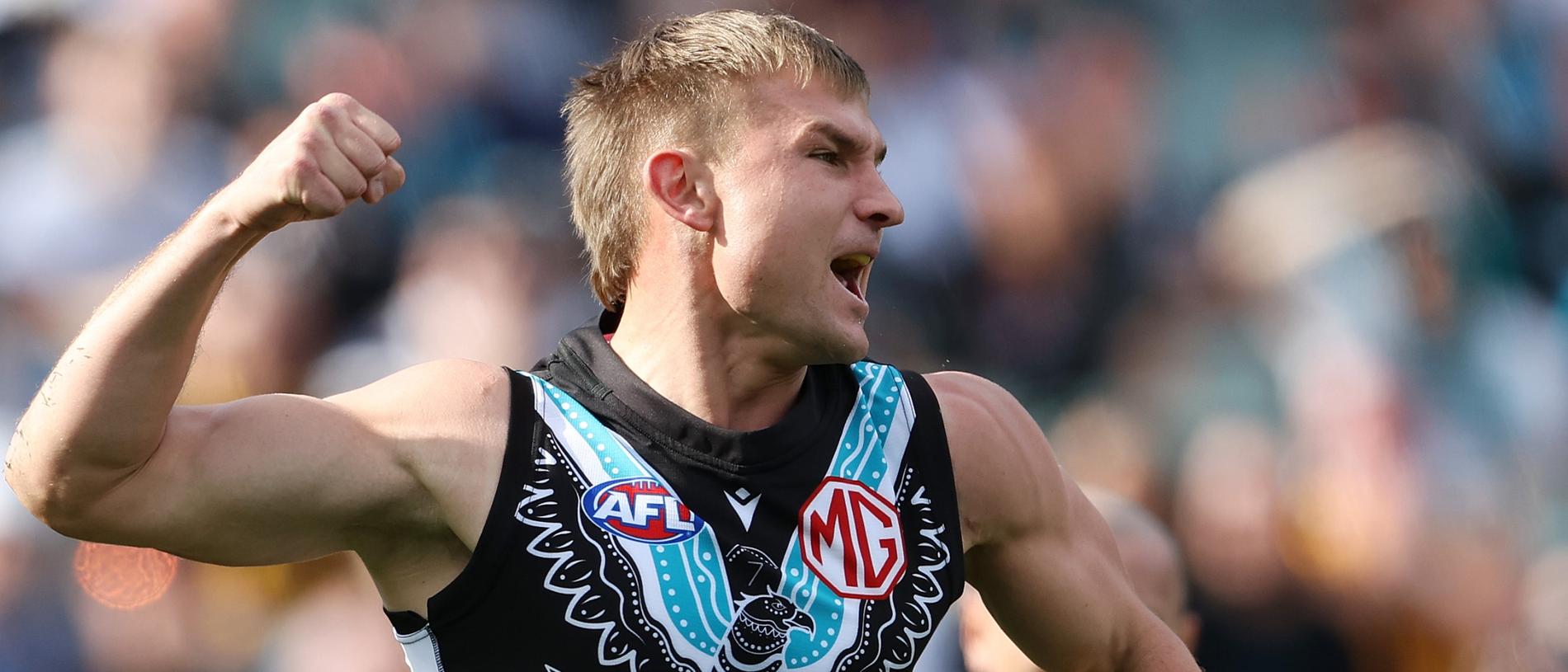 Adelaide, Australia. 03rd June, 2023. Junior Rioli of the Power snaps a  goal during the AFL Round 12 match between the Port Adelaide Power and the  Hawthorn Hawks at the Adelaide Oval