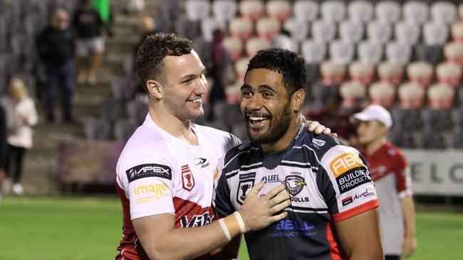 Tweed Heads Seagulls player JJ Collins (right) is all smiles after beating Redcliffe. Photo: Supplied.