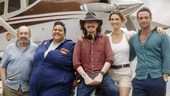 Roy Billing, Steph Tisdell, director Adrian Powers, Delta Goodrem and Joshua Sasse on the set of Love is in the Air. Picture: David Fell, courtesy of Jaggi Entertainment.