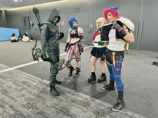 Brodie Newstead, Ebony Walk, Talesha Burton and Tony Karoussis at the Oz Comic Con in Melbourne on Saturday June 8, 2024. Picture: Jack Colantuono