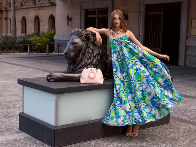 Model Lily Blucher wears Brisbane's White Label Noba with accessories by Christie Nicolaides and article in King George Square, where Brisbane Fashion Festival 2021 will take place.