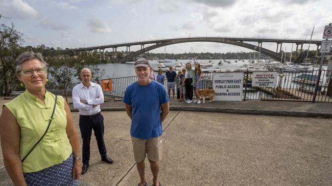 Local residents rallying against Gladesville marina expansions after DA was lodged. Lynn McCaig, Matthew Ward and Graeme Maclaren who are part of the Save the Gladesville Waterway Bridge Inc group are concerned about the development.