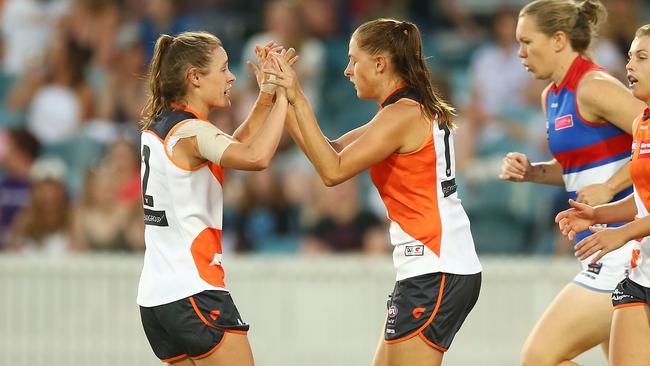 Alicia Eva and Aimee Schmidt celebrate a goal. Picture: Getty