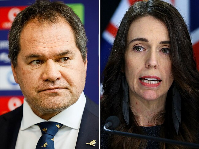 NZ Prime Minister Jacinda Ardern, right, says the Wallabies, led by coach Dave Rennie, left, will be able to train during quarantine ahead of a Bledisloe Cup Test. Picture: