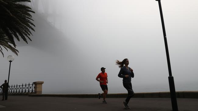 Sydneysiders exercise as haze engulfs Sydney Harbour. Picture: NCA NewsWire / Dylan Coker