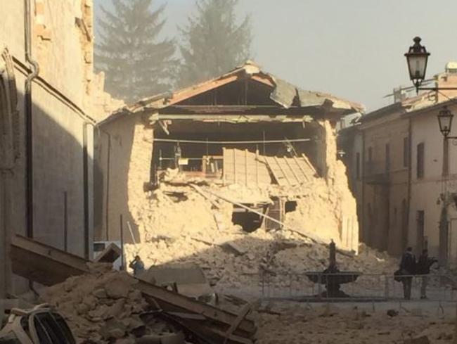 Live television coverage showed the collapse of a church in the centre of Norcia, a town near Perugia in Umbria. Parts of the town had already been sealed off. Picture: Twitter/Steve Amann