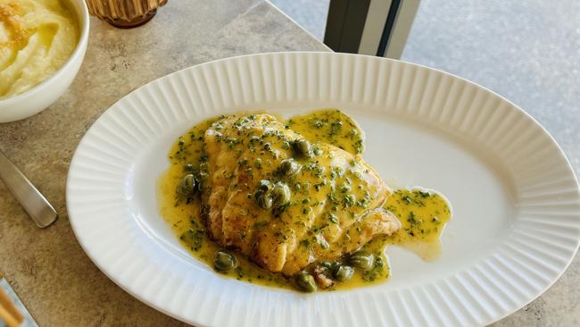 Snapper with burnt butter sauce and a side of mash potato at Lars Bar &amp; Grill, Mermaid Beach.