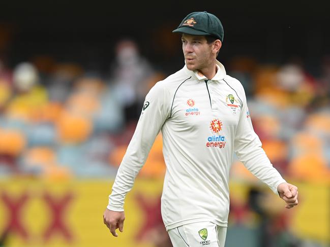 BRISBANE, AUSTRALIA - JANUARY 16: Tim Paine of Australia looks on during the rain delay during day two of the 4th Test Match in the series between Australia and India at The Gabba on January 16, 2021 in Brisbane, Australia. (Photo by Bradley Kanaris/Getty Images)