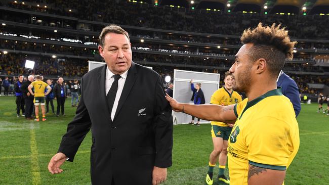 Former All Blacks coach Steve Hansen (left) has a plan to help Australian rugby survive. Picture: AAP Image/Dave Hunt